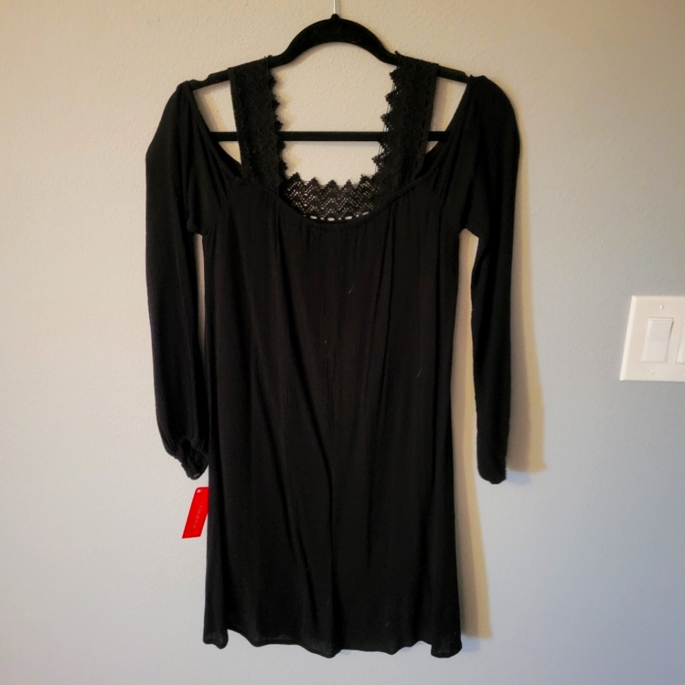 XHILARATION- NWT black dress, off the shoulder, long sleeves, S